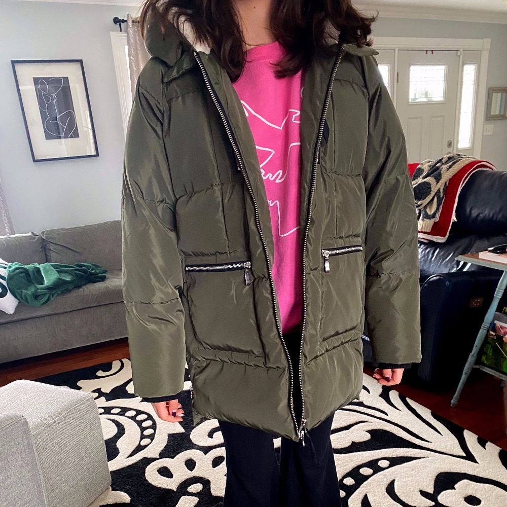 Tribal Green Coat with zippers and fleece, size Large.